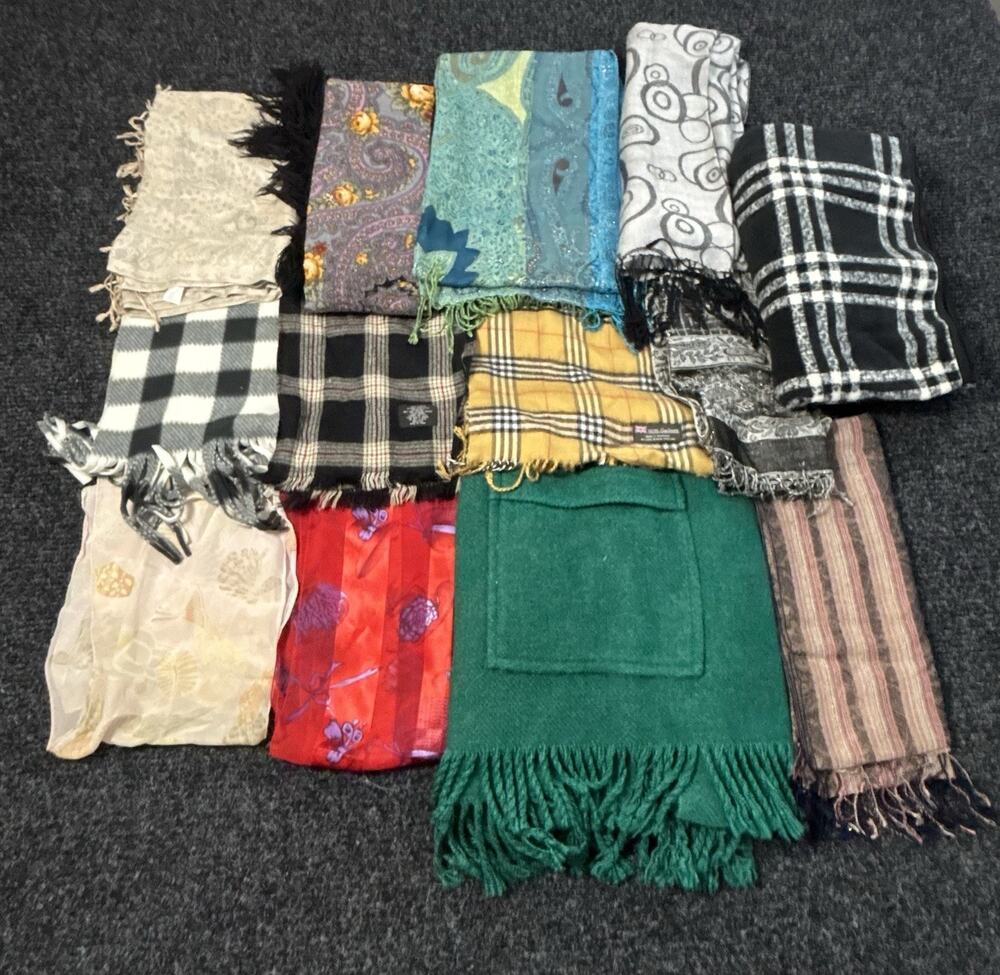 13 Assorted Wool Scarf & Wrap Lot, Multicolor Plaid, Unisex Adult One Size